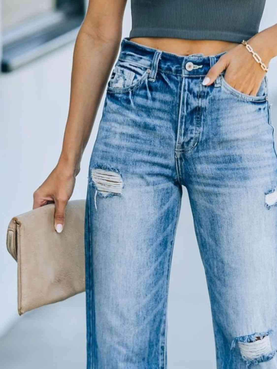 Distressed Straight Leg Jeans - Trendsi - Flyclothing LLC