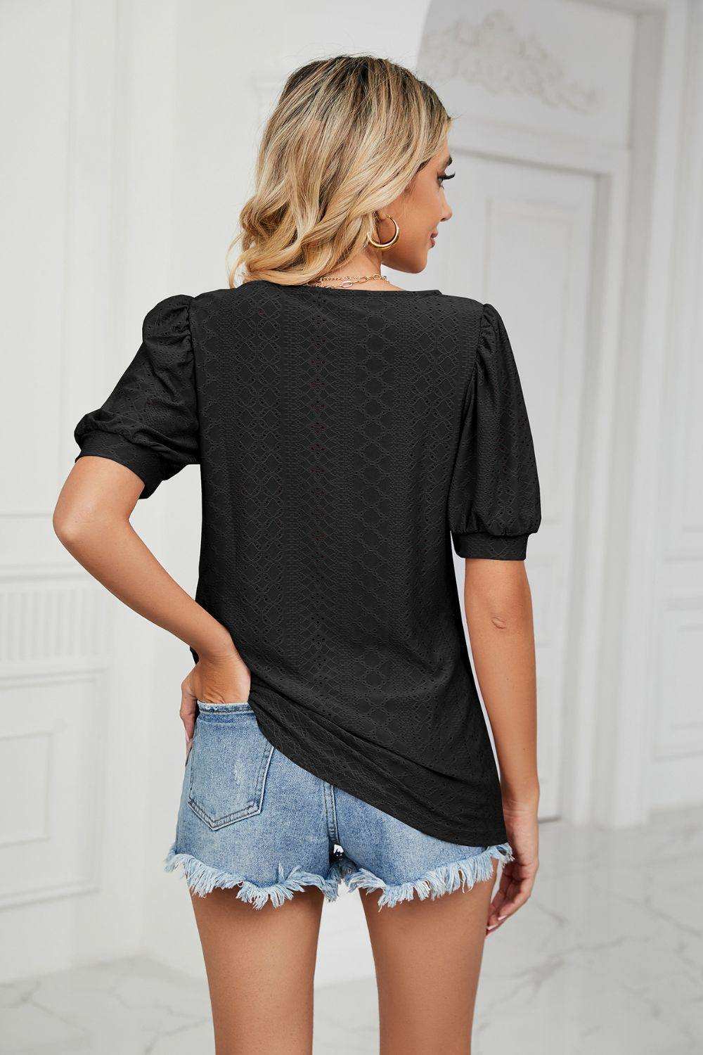 Eyelet Puff Sleeve Round Neck Top - Trendsi - Flyclothing LLC