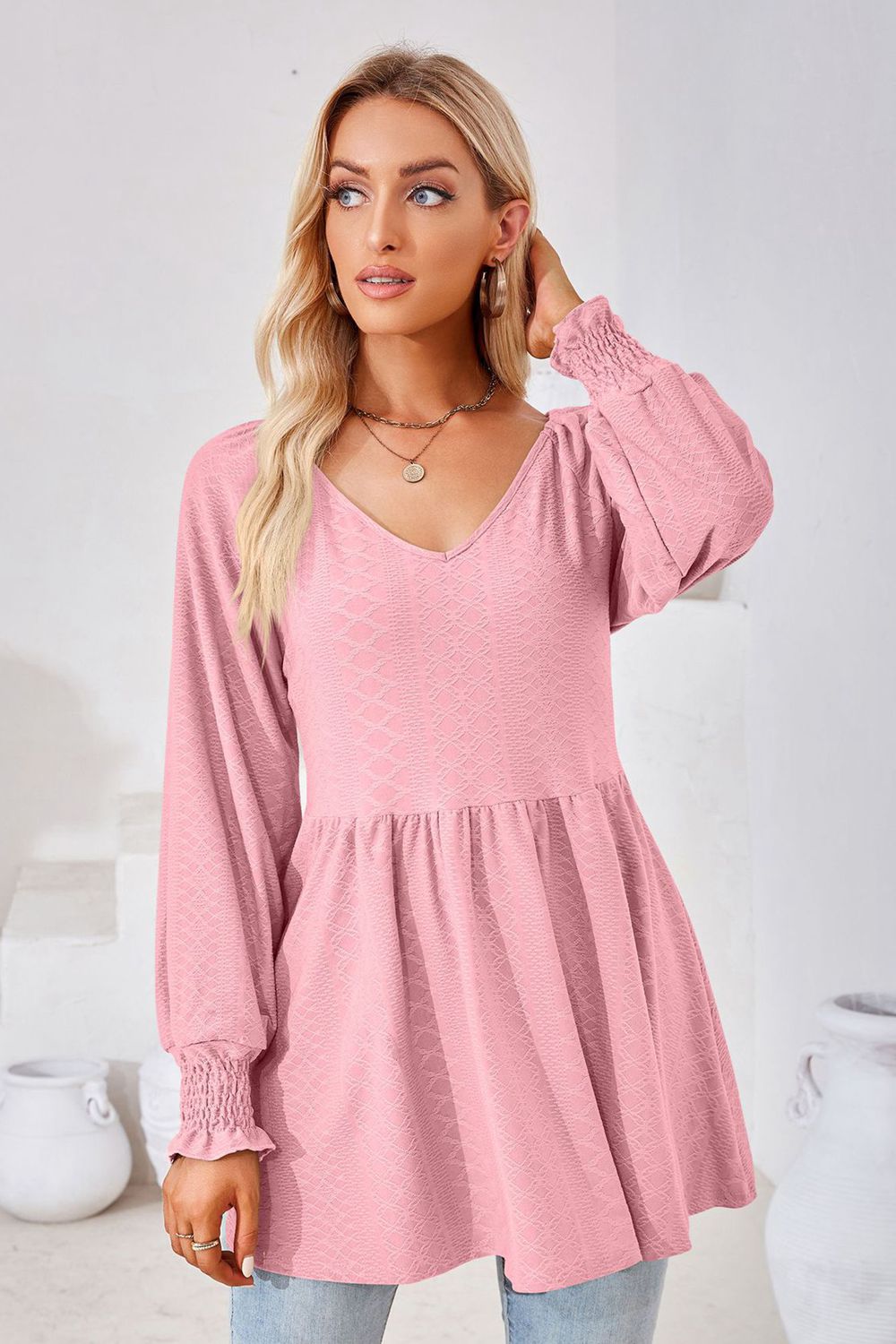 V-Neck Lantern Sleeve Blouse - Trendsi - Flyclothing LLC