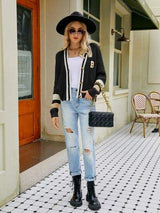 Contrast Button Up Dropped Shoulder Cardigan - Trendsi - Flyclothing LLC