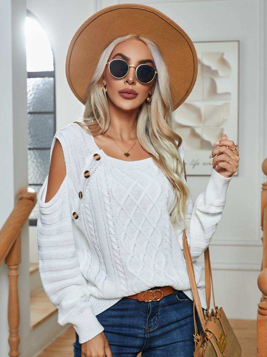 Decorative Button Cold-Shoulder Sweater - Trendsi - Flyclothing LLC