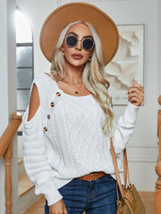 Decorative Button Cold-Shoulder Sweater - Trendsi