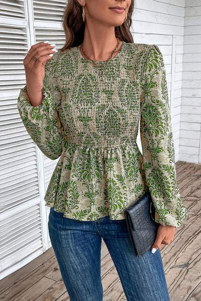 Smocked Printed Balloon Sleeve Blouse - Trendsi - Flyclothing LLC