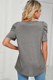 Heathered V-Neck Puff Sleeve T-Shirt - Trendsi - Flyclothing LLC