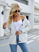 Button Down V-Neck Cardigan with Pockets - Trendsi - Flyclothing LLC