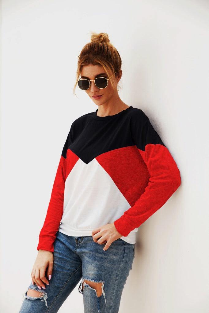 Color Block Round Neck Long Sleeve Top - Trendsi