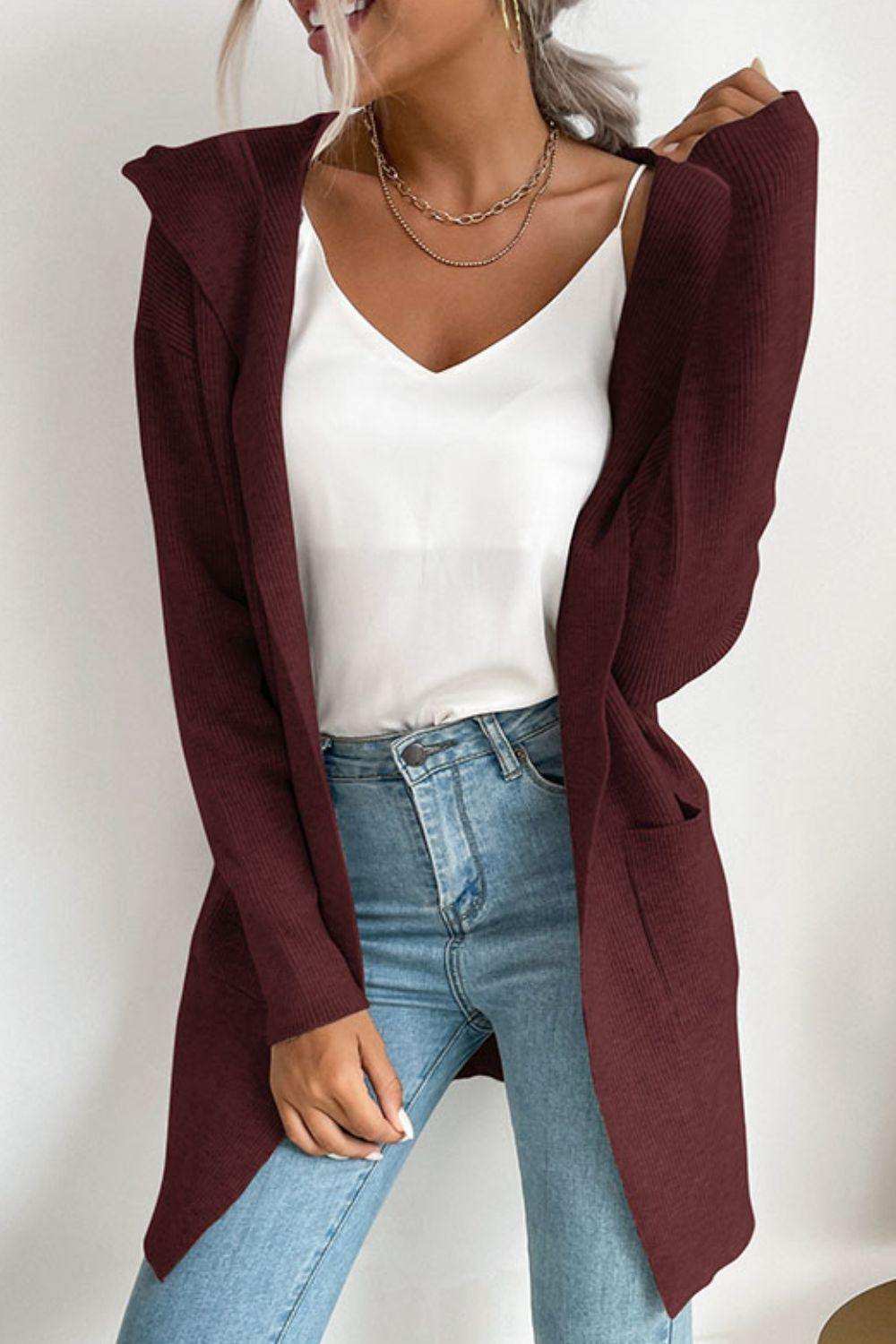 Ribbed Open Front Hooded Cardigan with Pockets - Trendsi - Flyclothing LLC