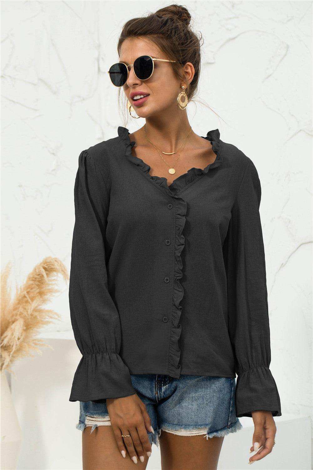 Frill Trim V-Neck Flounce Sleeve Shirt - Trendsi - Flyclothing LLC
