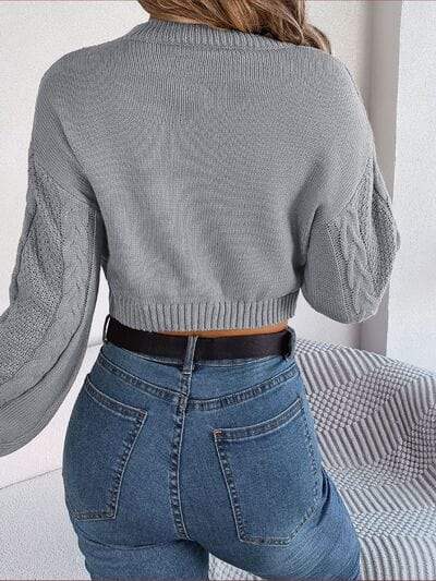 Cable-Knit Round Neck Cropped Sweater - Trendsi - Flyclothing LLC