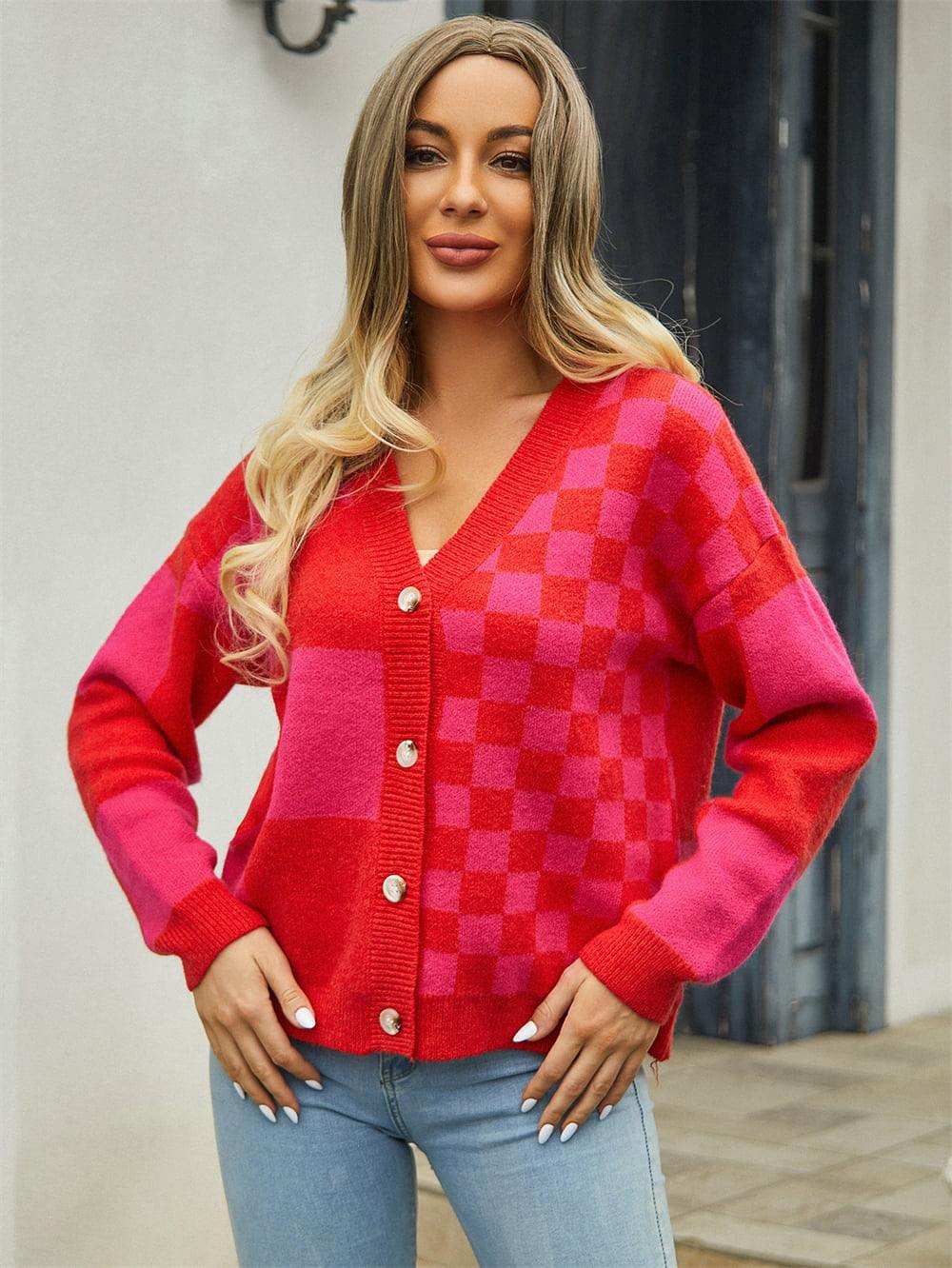 Plaid V-Neck Dropped Shoulder Cardigan - Trendsi - Flyclothing LLC