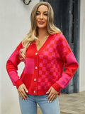 Plaid V-Neck Dropped Shoulder Cardigan - Trendsi