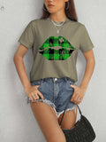 Plaid Lip Graphic Round Neck T-Shirt - Trendsi - Flyclothing LLC