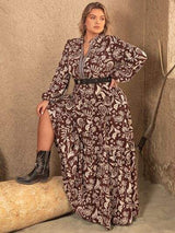 Plus Size Notched Balloon Sleeve Printed Maxi Dress - Trendsi - Flyclothing LLC