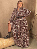 Plus Size Notched Balloon Sleeve Printed Maxi Dress - Trendsi - Flyclothing LLC