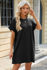 Round Neck Rolled Short Sleeve Tee Dress - Trendsi - Flyclothing LLC