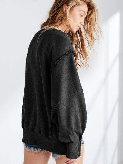Slit Round Neck Dropped Shoulder T-Shirt - Trendsi - Flyclothing LLC