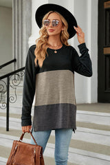 Color Block Round Neck Long Sleeve Slit T-Shirt - Trendsi