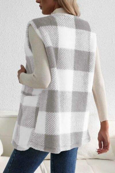 Sherpa Plaid Open Front Vest Coat - Trendsi - Flyclothing LLC