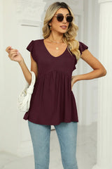 V-Neck Flutter Sleeve Babydoll Blouse - Trendsi - Flyclothing LLC