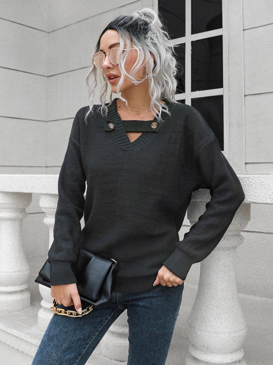 Dropped Shoulder Button Detail Sweater - Trendsi