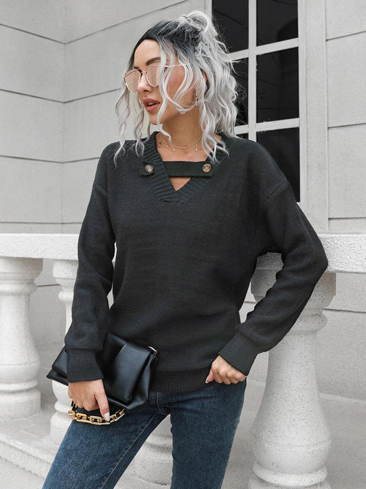 Dropped Shoulder Button Detail Sweater - Trendsi