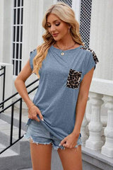 Leopard Round Neck Cap Sleeve T-Shirt - Trendsi - Flyclothing LLC