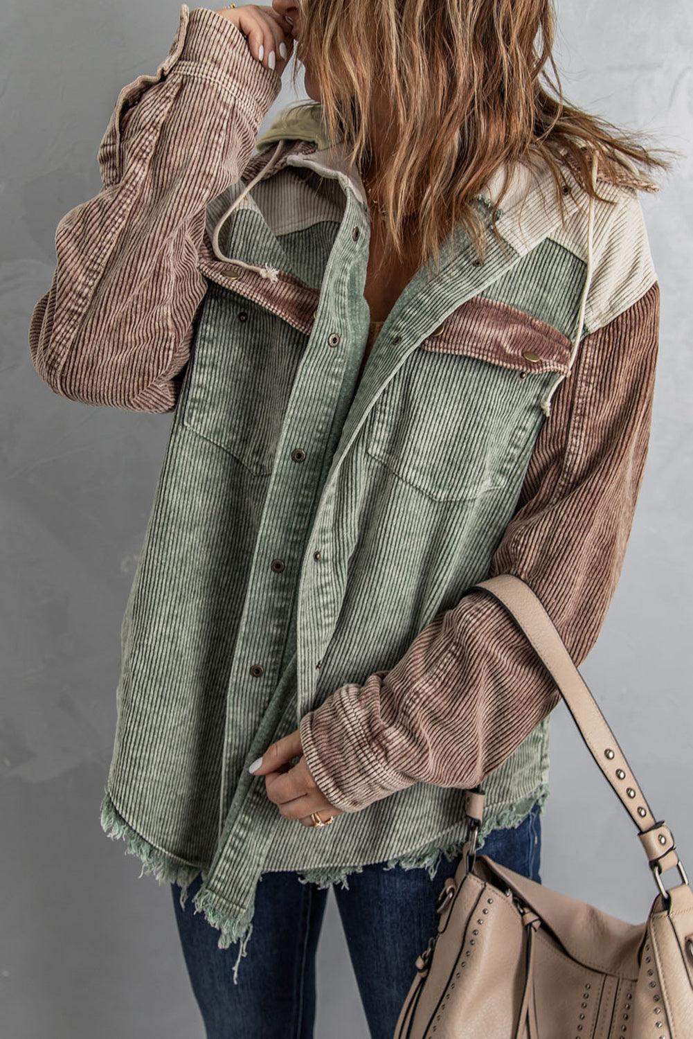 Snap Front Hooded Corduroy Shacket - Trendsi - Flyclothing LLC