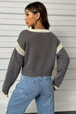 Contrast Openwork Long Sleeve V-Neck Sweater - Trendsi - Flyclothing LLC