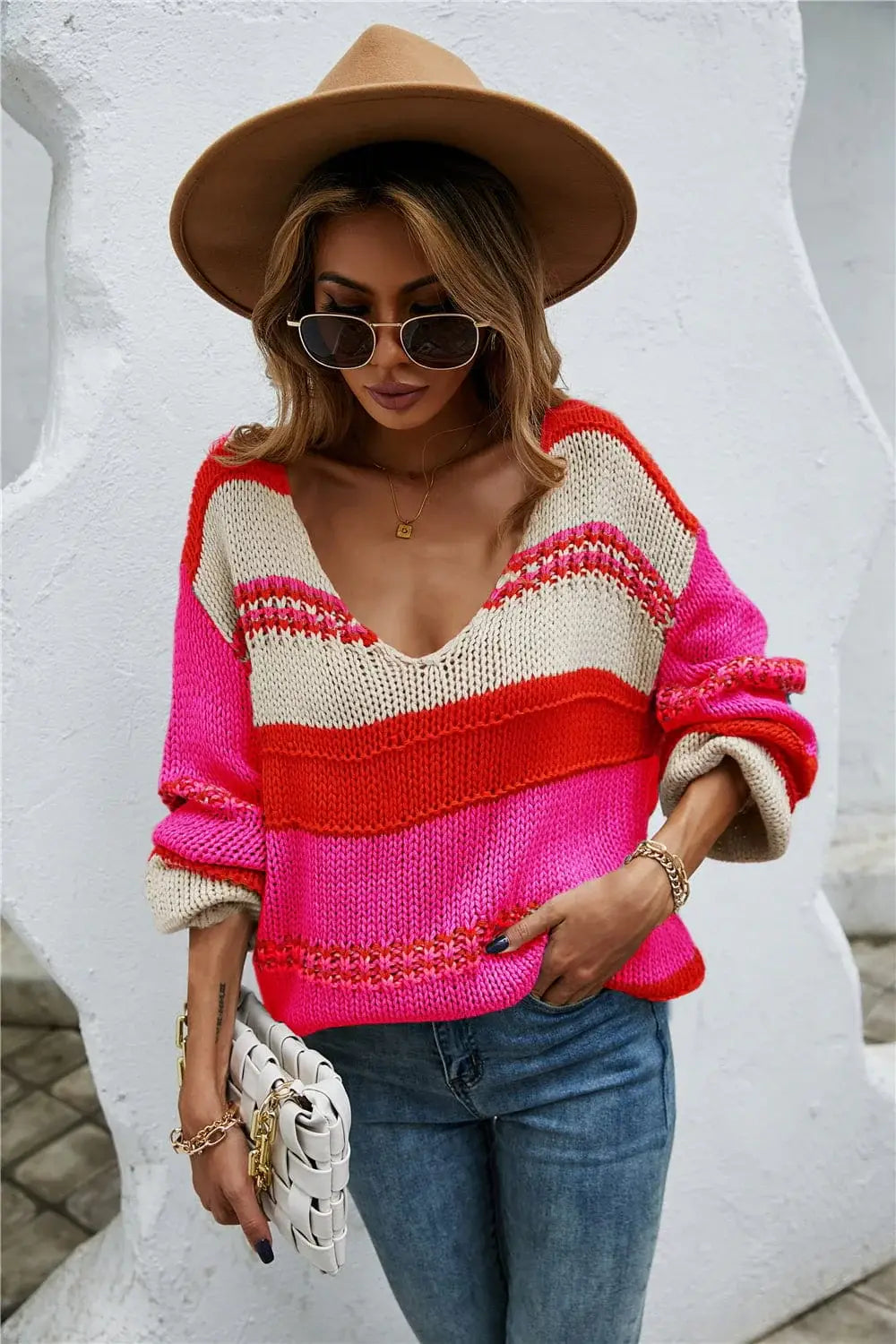 Color Block Scoop Neck Dropped Shoulder Sweater - Trendsi - Flyclothing LLC