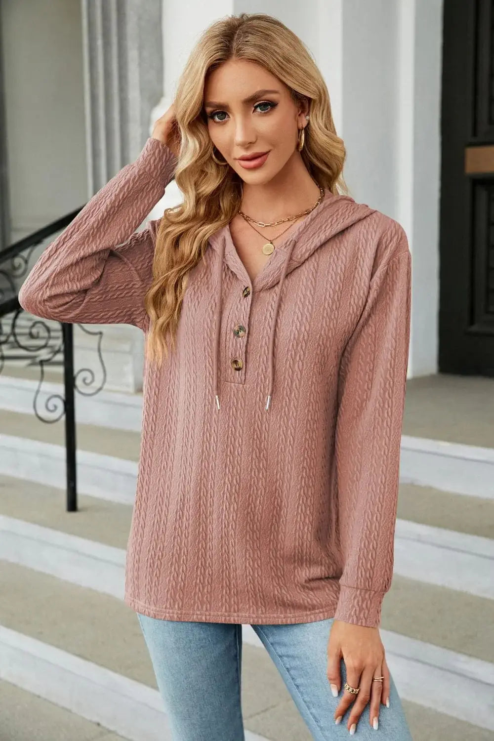 Cable-Knit Long Sleeve Hoodie - Trendsi - Flyclothing LLC