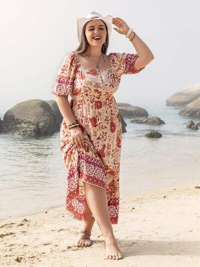 Plus Size Printed Square Neck Ruffle Hem Dress - Trendsi - Flyclothing LLC