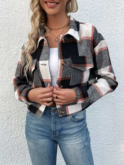 Plaid Button Up Drop Shoulder Cropped Jacket - Trendsi - Flyclothing LLC
