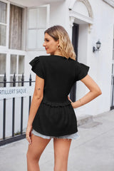 Buttoned V-Neck Ruffle Trim Top - Trendsi - Flyclothing LLC