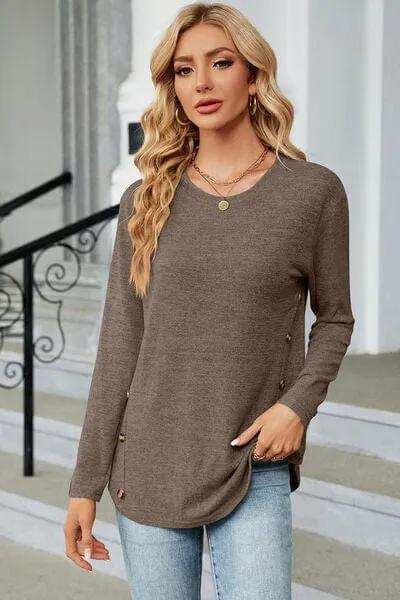 Decorative Button Round Neck T-Shirt - Trendsi - Flyclothing LLC