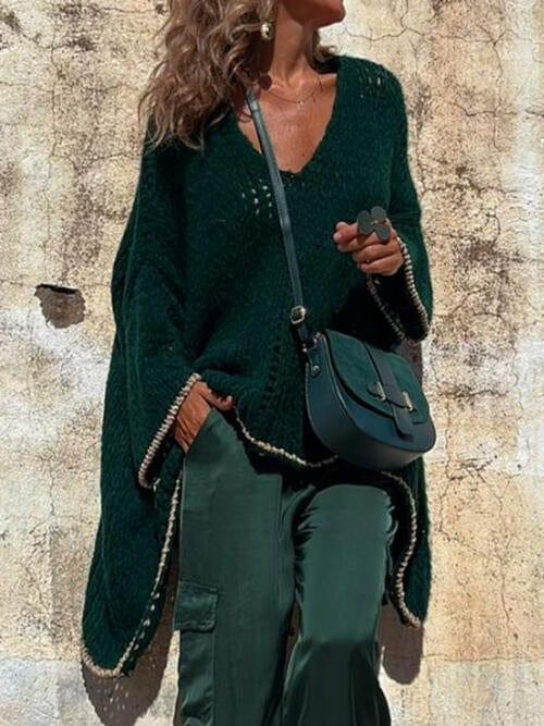 Contrast V-Neck Long Sleeve Sweater - Trendsi
