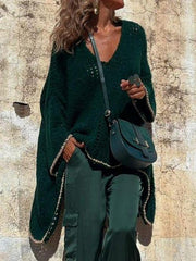 Contrast V-Neck Long Sleeve Sweater - Trendsi