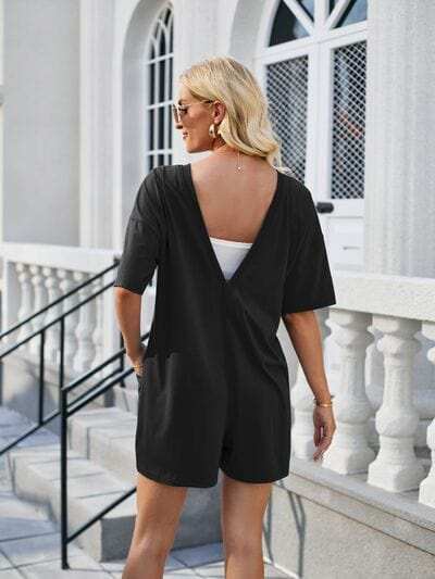 Backless Pocketed Round Neck Half Sleeve Romper - Trendsi - Flyclothing LLC