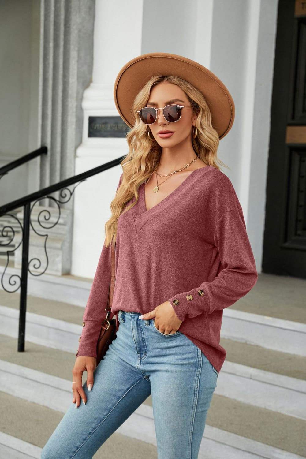 V-Neck Long Sleeve T-Shirt - Trendsi - Flyclothing LLC