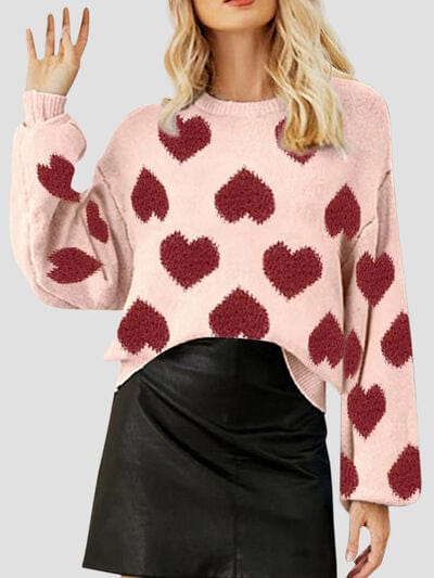 Heart Round Neck Dropped Shoulder Sweater - Trendsi