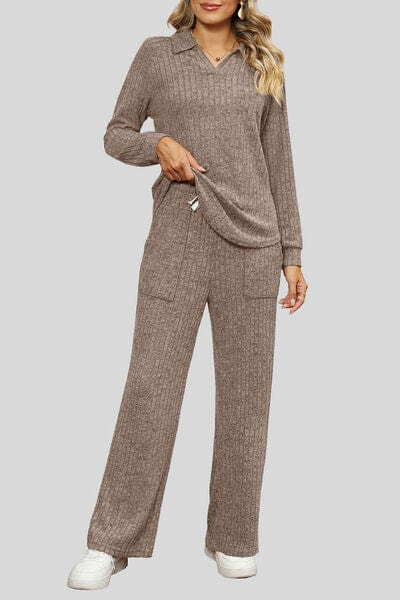 Ribbed Long Sleeve Top and Pocketed Pants Set - Trendsi