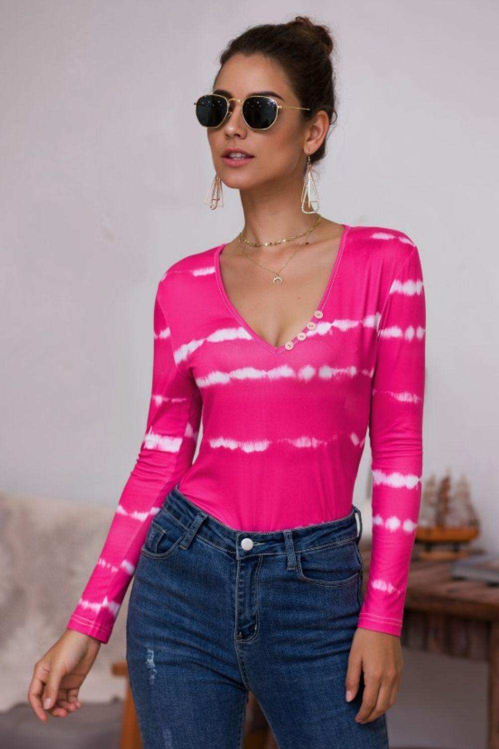 Tie-Dye Plunge Long Sleeve Top - Trendsi - Flyclothing LLC