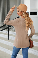 Cable-Knit Long Sleeve V-Neck T-Shirt - Trendsi