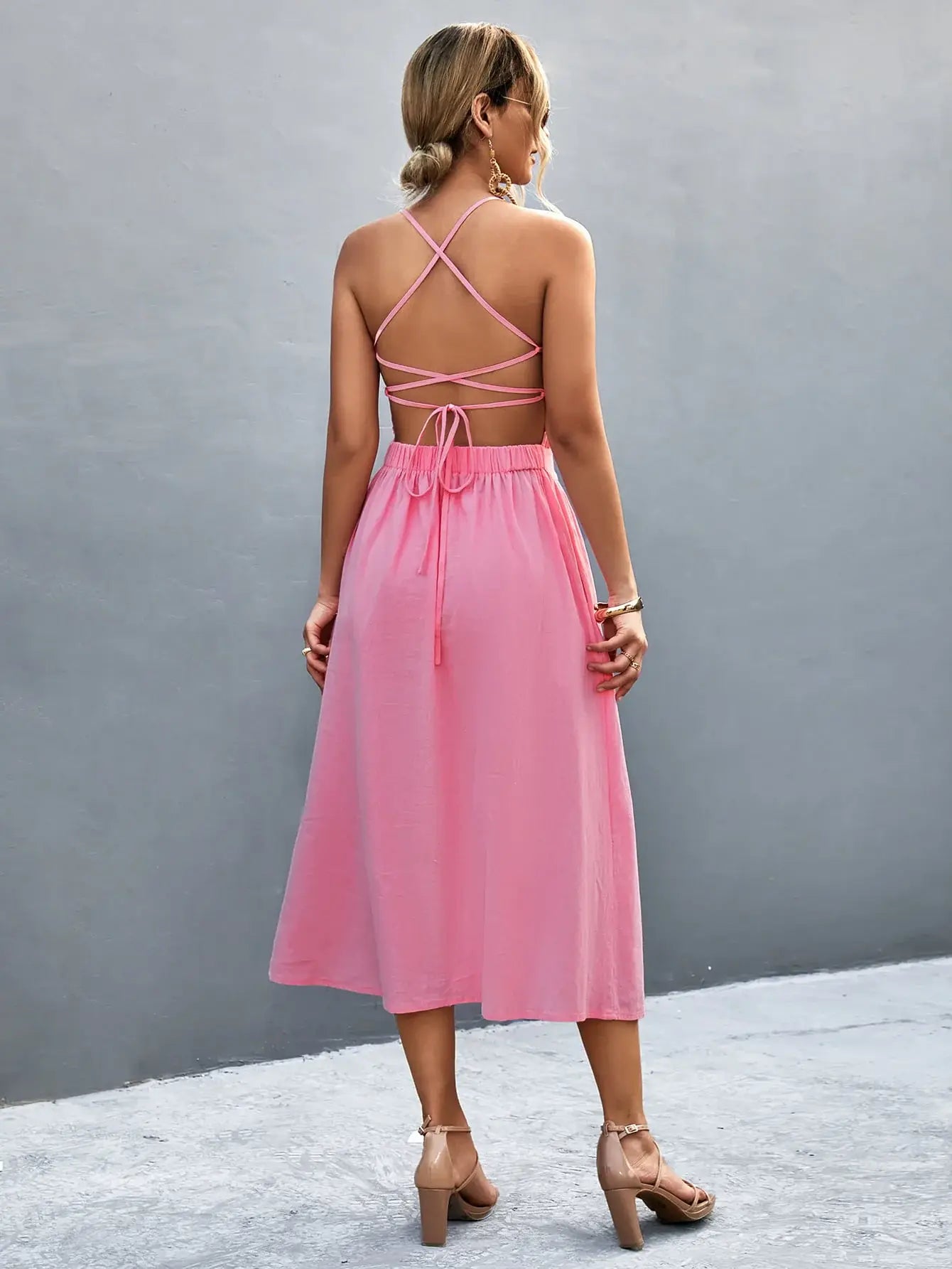 Buttoned Halter Neck Frill Trim Midi Dress - Trendsi - Flyclothing LLC