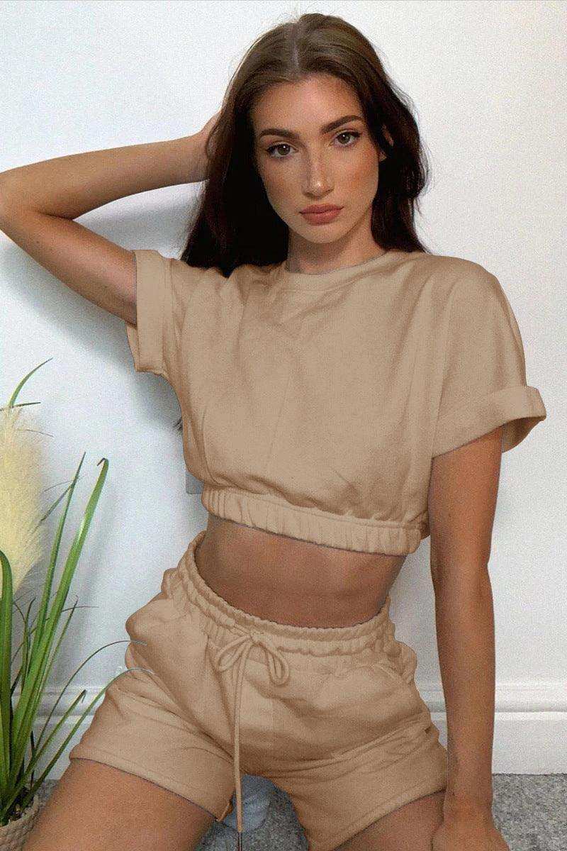 Short Sleeve Cropped Top and Drawstring Shorts Lounge Set - Trendsi - Flyclothing LLC