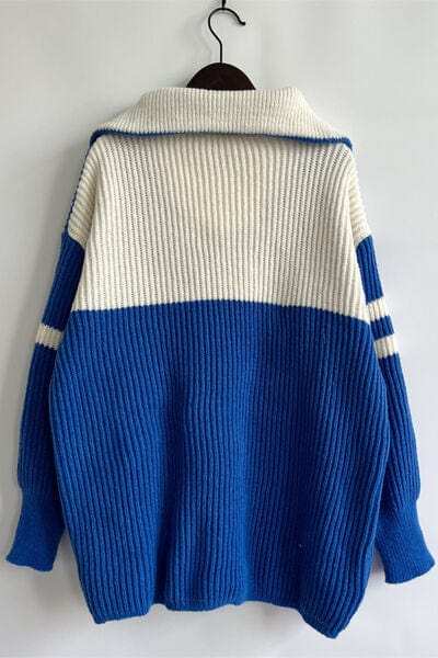Quarter Zip Striped Dropped Shoulder Sweater - Trendsi - Flyclothing LLC