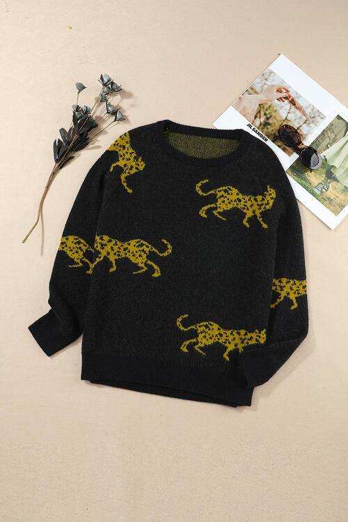 Animal Print Round Neck Sweater - Trendsi - Flyclothing LLC