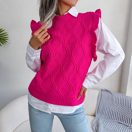 Ruffle Shoulder Ribbed Trim Sweater Vest - Trendsi
