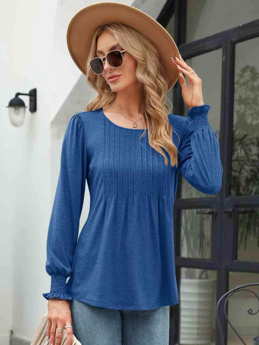 Smocked Round Neck Lantern Sleeve Blouse - Trendsi - Flyclothing LLC