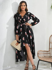 Printed Tie Front Ruffle Trim Long Sleeve Dress - Trendsi