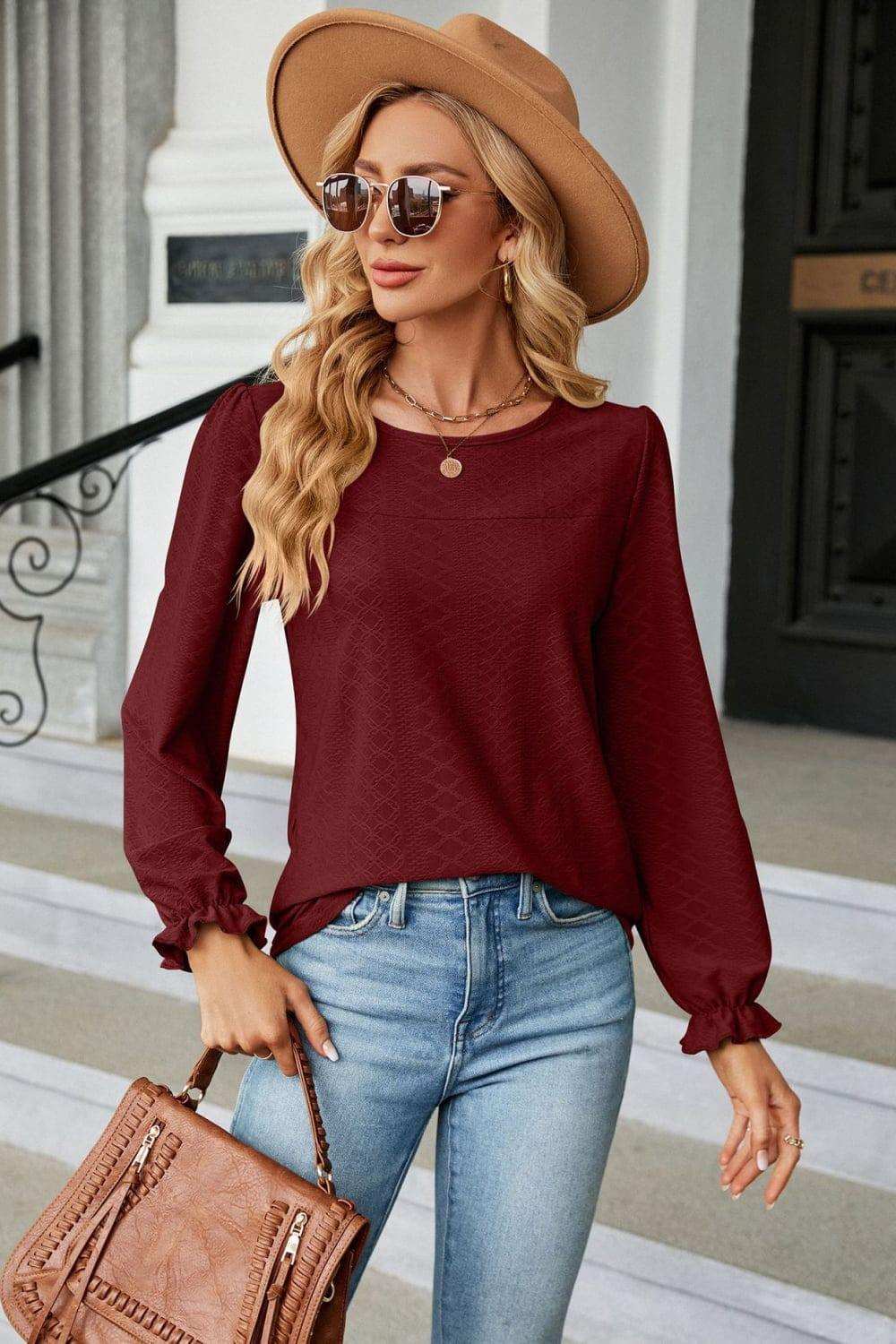 Round Neck Flounce Sleeve Blouse - Trendsi - Flyclothing LLC